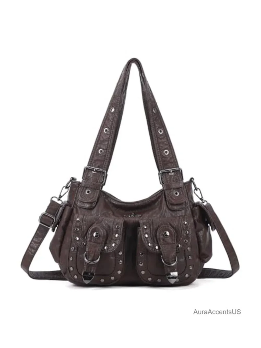 Vegan Leather Hobo Bag Multi Pocket Studded Shoulder Bag Y2K Tote